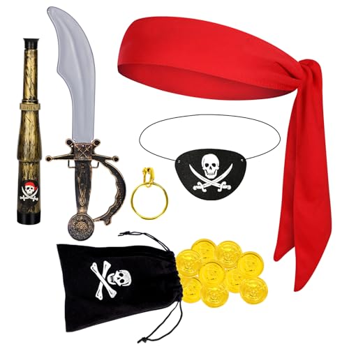 Spinosaurus 7 Stück Piraten Zubehör Sätze for Erwachsene Kinder,Piraten Fernrohr Kinder Augenklappe Pirate Kopftuch Captain Accessories Bandana Verkleidung kostüm von Spinosaurus