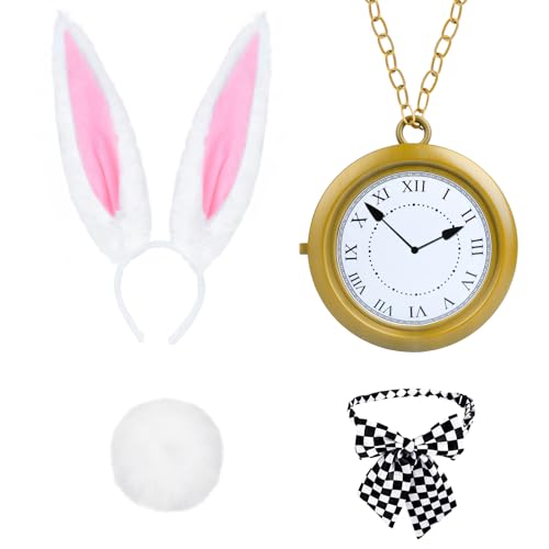 Spinosaurus Weißes Kaninchen-Kostüm-Zubehör für Kinder, Kaninchenohren, Stirnband, Schwanznadel, karierte Krawatte, 21,6 cm, Kunststoff-Taschenuhr mit Kette, Kaninchenkostüm für Halloween-Kostüm, 4 von Spinosaurus