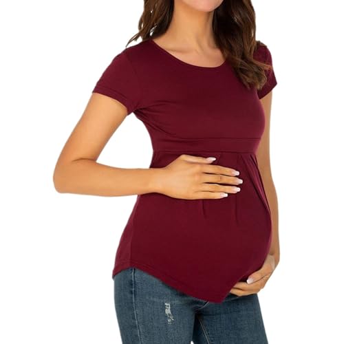 Damen Umstandsshirts Rundhals Mutterschaft Tops Kurzarm Casual Baumwolle Tee T-Shirt Geraffte Schwangerschaft Kleidung für Frauen Weinrot XXL Damen Umstandsshirts Rundhals Mutterschaft Tops Kurzarm Casual Baumwolle Tee T-Shirt Geraffte Schwangerschaft Kleidung für Frauen Weinrot XXL von SpirWoRchlan