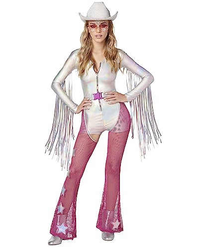 Spirit Halloween Cowgirl-Kostüm für Erwachsene, Größe XS, Weltraum-Cowgirl-Outfit, holografischer Fransen-Strampler mit rosa Chaps, Mehrfarbig von Spirit Halloween