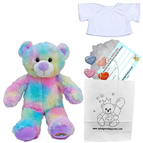 Magischer Regenbogen-Teddybär – weiches Plüschtier – 25 cm – Bauen Sie Ihren eigenen Teddybär – Party-Set (25 cm Kit mit T-Shirt) von Splodge Teddy Parties