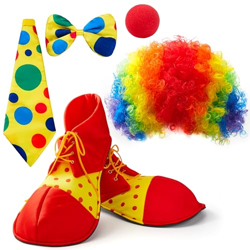 Clown-Kostüm-Set, 6-teilig, Regenbogen-Perücke, Nase, Schleife, Ti und Schuhe, Zubehör für Clown-Partys, ausgefallenes Zirkuskostüm für Kinder, Frauen und Männer, Karneval, Rollenspie von Spooktacular Creations