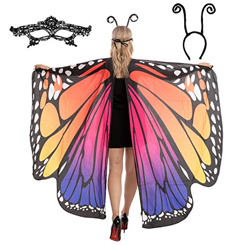 Schmetterlingsflügel mit Spitze, Maske und schwarzem Haarreifen mit Fühlern, für Erwachsene, Frauen, Halloween-Kostüm, Regenbogen 2 von Spooktacular Creations