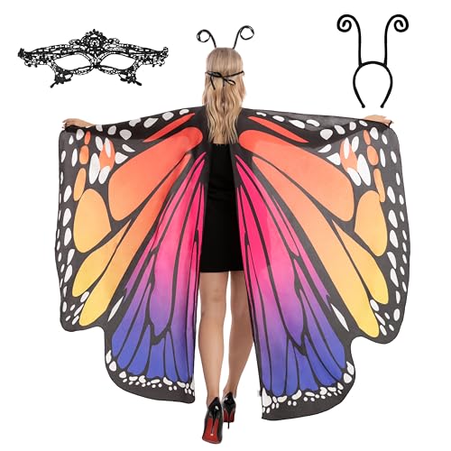 Schmetterlingsflügel mit Spitze, Maske und schwarzem Haarreifen mit Fühlern, für Erwachsene, Frauen, Halloween-Kostüm, Regenbogen 2 von Spooktacular Creations