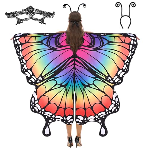 Spooktacular Creations Schmetterling Flügel mit Spitze Maske und schwarzem Stirnband mit Fühlern für Erwachsene Frauen Halloween-Kostüm Regenbogen 2 von Spooktacular Creations