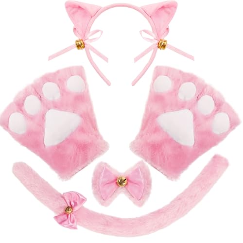 Spooktacular Creations 5-teiliges Kitten Pink Kitty Cat Kostüm-Zubehör-Set mit Katzenohren-Stirnband, Pfoten-Handschuhen, Fliege, Schwanz für Erwachsene, Kinder, Cosplay, Halloween-Party von Spooktacular Creations