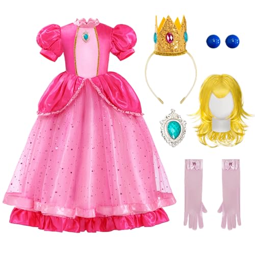 Spooktacular Creations 5-teiliges Prinzessinnenkleid für Mädchen, rosa Pfirsichkostüm mit Perücke, rosa Outfits für Mädchen, Kinder, Kleinkindgeburtstag, Cosplay, Halloweenparty von Spooktacular Creations