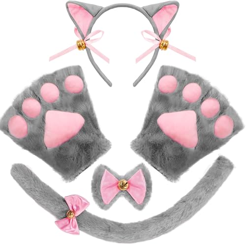 Spooktacular Creations 5-teiliges graues Kätzchen-Kostüm-Zubehör-Set mit Katzenohren, Stirnband, Pfoten-Handschuhen, Fliege, Schwanz für Erwachsene, Kinder, Cosplay, Halloween-Party-Anziehzubehör-Set von Spooktacular Creations