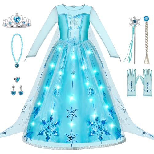 Spooktacular Creations 8-teiliges leuchtendes Eisprinzessin-Kleid für Mädchen: langes Cape-Prinzessin-Kostüm mit LED, perfekt für Geburtstag, Cosplay und Halloween-Partys(Größe, 3T, 3–4 Jahre). von Spooktacular Creations