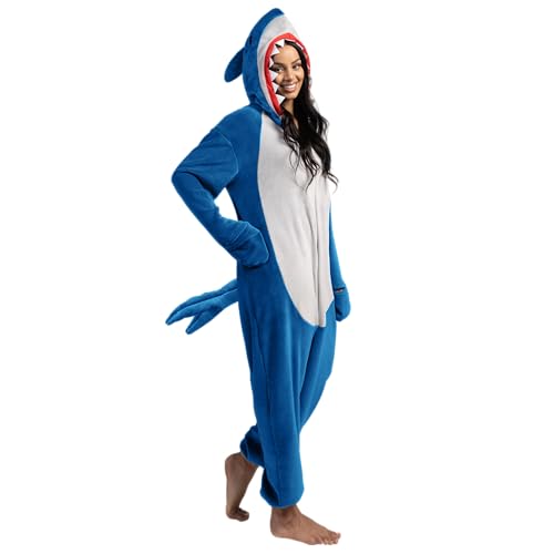 Spooktacular Creations Blauer Hai-Pyjama-Plüschkostüm für Damen mit Hutschwanz für Anzieh-Rollenspielpartys, Halloween-Kostüm-L Spooktacular Creations Blauer Hai-Pyjama-Plüschkostüm für Damen mit Hutschwanz für Anzieh-Rollenspielpartys, Halloween-Kostüm-L von Spooktacular Creations