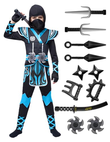 Spooktacular Creations Blaues Ninja-Kostüm für Kinder, Ninja-Outfit-Set für Jungen, Halloween-Kostüm für Kleinkinder-Mottopartys, Verkleidung (Mittel, 8–10 Jahre) von Spooktacular Creations