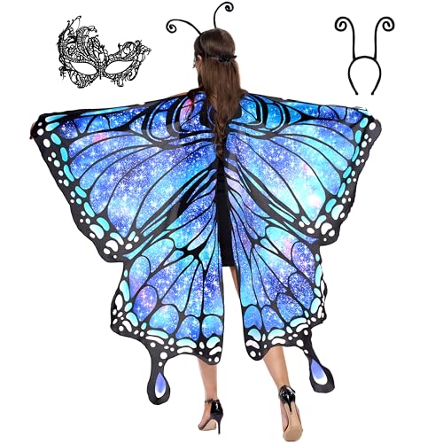 Spooktacular Creations Blaues Sternenschmetterlingskostüm für Damen, Schmetterlingsflügel-Set mit Schal, schwarzem Haarband und Augenmaske für Halloween-Kostümpartys Spooktacular Creations Blaues Sternenschmetterlingskostüm für Damen, Schmetterlingsflügel-Set mit Schal, schwarzem Haarband und Augenmaske für Halloween-Kostümpartys von Spooktacular Creations