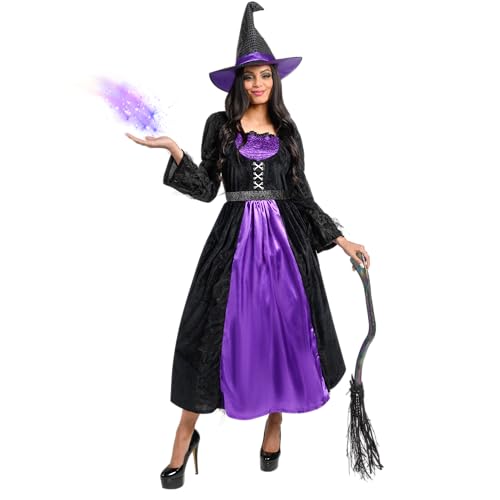 Spooktacular Creations Damen Schwarz und Lila Wunderschönes Hexenkleid aus Samt mit Paillettenhut, Halskette und Gürtel für Halloween-Party L von Spooktacular Creations