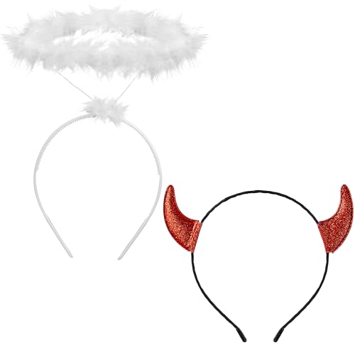 Spooktacular Creations Engel-Heiligenschein und Teufelshörner-Stirnband-Set, weißer Engel-Heiligenschein, rotes Teufelshörner-Stirnband, Teufelskostüm-Zubehör für Frauen und Erwachsene von Spooktacular Creations