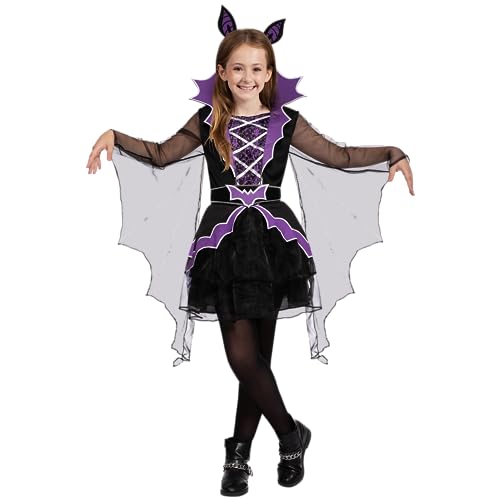 Spooktacular Creations Fledermaus Kostüm Mädchen Halloween Kostüm für Kinder Lila Hexe Cosplay Kleid mit angehängten Flügeln Stirnband Fledermaus Umhang Halloween Karneval Large (10-12 Jahre) von Spooktacular Creations