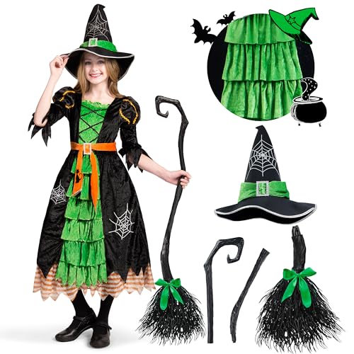 Spooktacular Creations Grün Hexe Kostüm, Hexenkostüm, Karneval Fasching Bekleidung, 3-teiliges Halloween Kostüm Deluxe Set für Mädchen von Spooktacular Creations