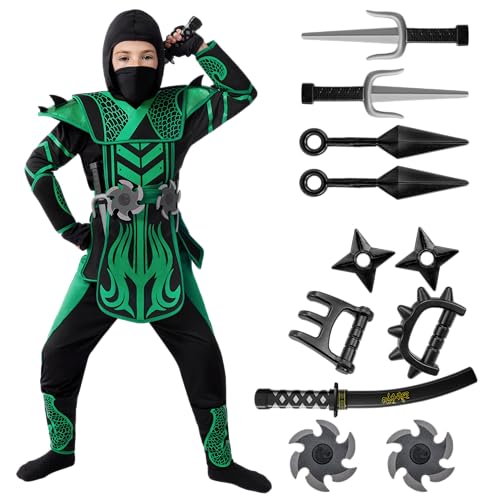 Spooktacular Creations Grün Schwarzes Halloween Ninja Kostüm für Jungen und Mädchen, Halloween-Verkleidungsparty, Ninja-Rollenspiele, Mottopartys (groß (10–12 Jahre)) von Spooktacular Creations