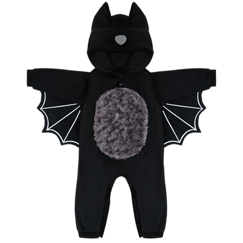 Spooktacular Creations Halloween-Baby-Unisex-Kostüm, schwarzes Fledermaus-Kleinkind-Kapuzen-Overall-Kostüm mit Schwanz, Reißverschluss-Kapuze für Halloween-Cosplay-Kostüm (06–12 Monate) von Spooktacular Creations