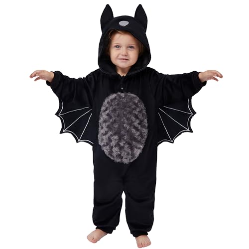Spooktacular Creations Halloween-Baby-Unisex-Kostüm, schwarzes Fledermaus-Kleinkind-Kapuzen-Overall-Kostüm mit Schwanz, Reißverschluss-Kapuze für Halloween-Cosplay-Kostüm (12–18 Monate) von Spooktacular Creations