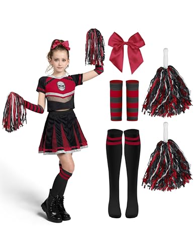 Spooktacular Creations Halloween Cheerleader Kostüm Mädchen, Bad Spirit Kostüm für Kinder, Totenkopf Gruseliges Cheerleader Outfit mit Zubehör für Mädchen Halloween Partys Rollenspiele, Rot Schwarz, M von Spooktacular Creations