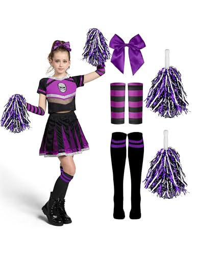 Spooktacular Creations Halloween Cheerleader Kostüm Mädchen, Böser Geist für Kinder, Totenkopf Gruseliges Cheerleader Outfit mit Zubehör für Mädchen Halloween Partys Rollenspiele, Lila Schwarz, M von Spooktacular Creations