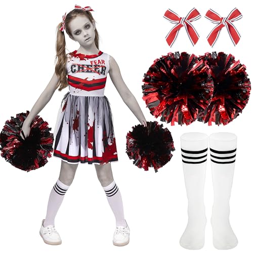 Spooktacular Creations Halloween-Cheerleader-Kostüm für Mädchen, Kinder-Zombie-Cheerleader-Outfit, totes Fearleader-Kleid für Halloween-Gruselkostüm-Rollenspielpartys, Rot-Weiß, L von Spooktacular Creations