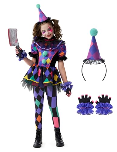 Spooktacular Creations Halloween Clown Costume for Girls, Dark Colorful Twisted Clown Jester Costume for Kids, Halloween Role Play & Dress Up-L von Spooktacular Creations