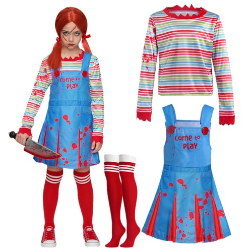 Spooktacular Creations Halloween Kostüm für Kinder und Mädchen, gruselige Puppe, Mädchen-Killerpuppenkostüm mit Regenbogen-Shirt, Kleid und kniehohen Strümpfen für Halloween, Cosplay, Party von Spooktacular Creations