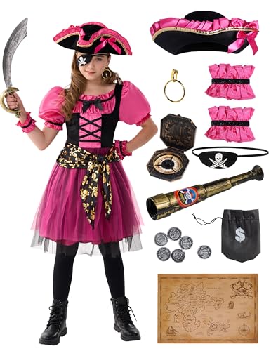 Spooktacular Creations Halloween-Kostüm für Mädchen, Kinder-Piratenkostüm, magentafarbenes Piratenkleid für Mädchen, Halloween-Party, Piratenprinzessin, Rollenspiel (Mittel (8–10 Jahre)) von Spooktacular Creations