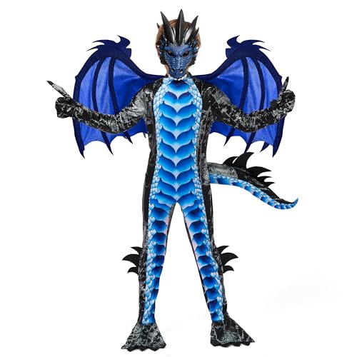 Spooktacular Creations Kind Jungen Schwarz und Blau Drachenkostüm, Drachenflügel und Maske, Halloweenanzug Drachenanzug für Jungen für Halloween-Partys, Cosplay-L von Spooktacular Creations