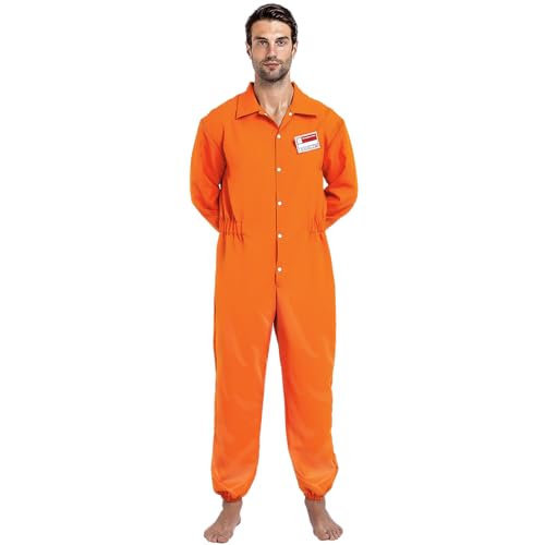 Spooktacular Creations Herren Gefangener Kostüm, Insasse Jailbird Sträfling Orange Overall mit Namensschild (Large, Orange) von Spooktacular Creations
