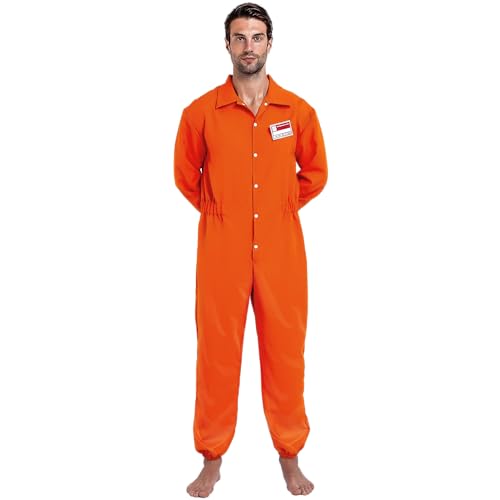 Spooktacular Creations Herren Gefangener Kostüm, Insasse Jailbird Sträfling Orange Overall mit Namensschild (Medium, Orange) von Spooktacular Creations