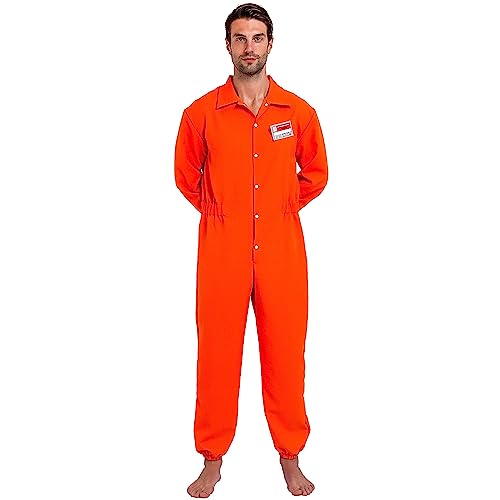 Spooktacular Creations Herren Gefangener Kostüm, Insasse Jailbird Sträfling Orange Overall mit Namensschild (Small, Orange) von Spooktacular Creations