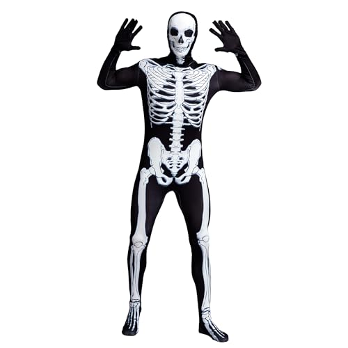 Spooktacular Creations Herren Skelett Kostüm, Skeleton Jumpsuit 2. Haut für Männer mit Skeleton Hood Mask (Medium, Black) von Spooktacular Creations