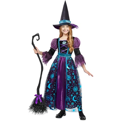 Spooktacular Creations Hexenkostüm für Mädchen, Halloween Hexenkleid mit Besenhut, Kinder Mondschimmer Hexenkostüm Set für Zauberer Rollenspiel Thematische Partys von Spooktacular Creations