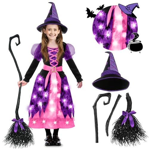 Spooktacular Creations Hexenkostüm für Mädchen, rosa Druck Hexenkostüm, Light-up Hexen Halloween Kostüm Kleid Up-M von Spooktacular Creations