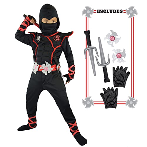 Spooktacular Creations Jungen Ninja Kostüm für Kinder mit Ninja Dolchen und Wurfsternen, Halloween Dress Up Party Karneval (L, red) von Spooktacular Creations