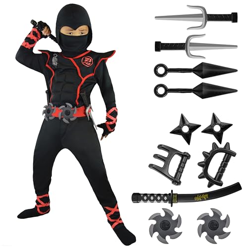 Spooktacular Creations Jungen Ninja Kostüm für Kinder mit Ninja Dolchen und Wurfsternen, Halloween Dress Up Party Karneval (L, red) von Spooktacular Creations