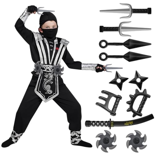 Spooktacular Creations Kind Deluxe Ninja Kostüm set mit Ninja Schaumstoff Zubehör, Halloween Dress Up für Jungen und Mädchen, Kung Fu Outfit, Halloween Ideen, Ninja Rollenspiel von Spooktacular Creations