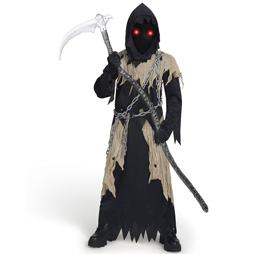 Spooktacular Creations Kinder Sensenmann Kostüm, Glühende Augen Sensenmann Kostüm für Jungen, Gruseliges Phantom Schwarzer Sensenmann Halloween Dress Up-M von Spooktacular Creations