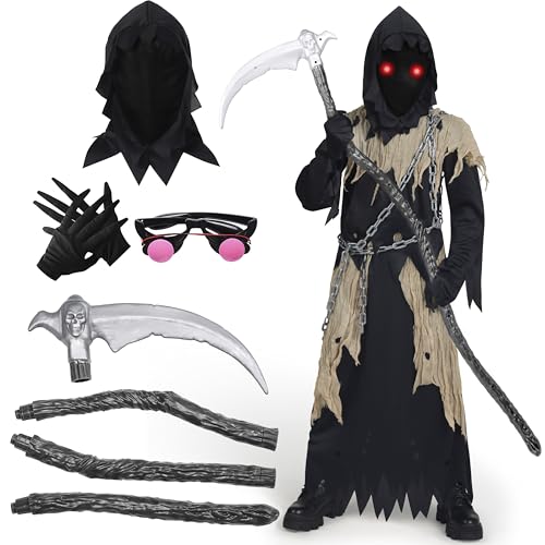 Spooktacular Creations Kinder Sensenmann Kostüm, Glühende Augen Sensenmann Kostüm für Jungen, Gruseliges Phantom Schwarzer Sensenmann Halloween Dress Up-XL von Spooktacular Creations