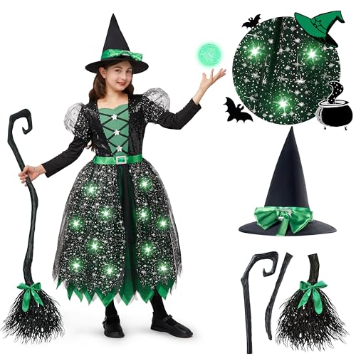 Spooktacular Creations LED Leuchtendes Hexenkostüm für Mädchen, grünes Hexenkostüm mit Hut und Besen, süßes Hexenkostüm Fantastische Designs von Spooktacular Creations