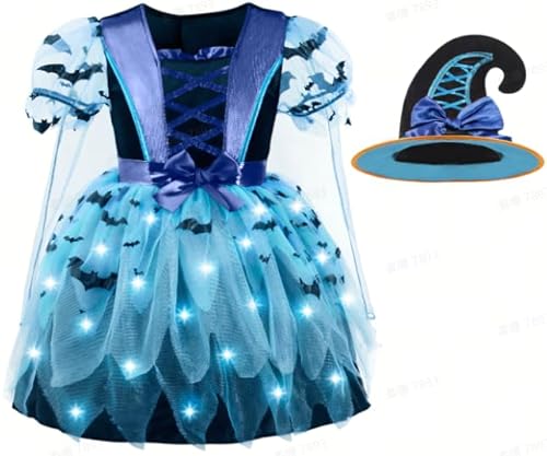 Spooktacular Creations Leuchtendes Hexenkostüm für Mädchen, Kinder-Hexenkostüm mit Hut und Besen für Halloween-Verkleidungspartys für Kleinkinder, Blau (Kleinkind (3–4 Jahre)) von Spooktacular Creations
