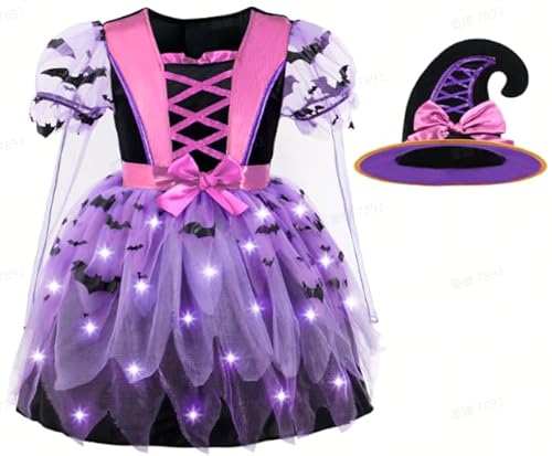 Spooktacular Creations Leuchtendes Hexenkostüm für Mädchen, Kinder-Hexenkostüm mit Hut und Besen für Halloween-Verkleidungspartys für Kleinkinder, Lila (Mittel (8–10 Jahre)) von Spooktacular Creations