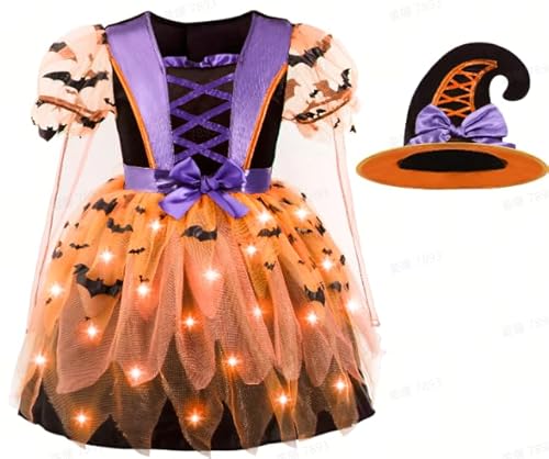 Spooktacular Creations Leuchtendes Hexenkostüm für Mädchen, Kinder-Hexenkostüm mit Hut und Besen für Halloween-Verkleidungspartys für Kleinkinder, Orange (Kleinkind (3–4 Jahre)) von Spooktacular Creations