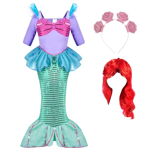 Spooktacular Creations Meerjungfrau Kostüm Mädchen Prinzessin Meerjungfrau Kleid mit roter Perücke und Stirnband für Karneval Party Halloween Weihnachten Cosplay von Spooktacular Creations