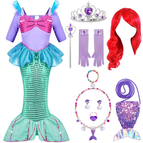 Spooktacular Creations Meerjungfrau Kostüm Mädchen Prinzessin Meerjungfrau Kleid mit roter Perücke und Stirnband für Karneval Party Halloween Weihnachten Cosplay von Spooktacular Creations