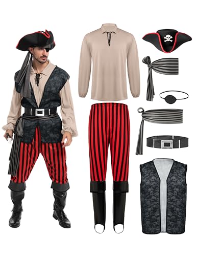 Spooktacular Creations Piratenkostüm für Herren, Khaki-Piratenhemd für Erwachsene, Weste, Wikingerhose, Hut, Zubehör-Set für Halloween-Süßes-oder-Saures-Cosplay-Partys (Mittel) von Spooktacular Creations