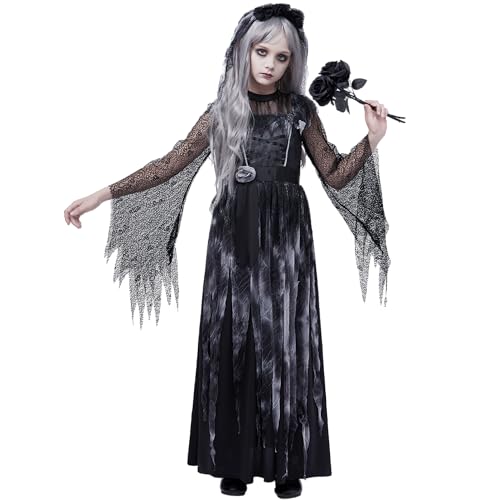 Spooktacular Creations Prinzessinnenkostüm für Mädchen, gruselige Halloween-Kostüme für Kinder, schwarzes Kleid-Outfit mit Stirnband für Halloween-Geister-Rollenspielpartys (Mittel (8–10 Jahre)) von Spooktacular Creations