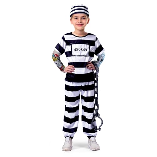 Spooktacular Creations Prisoner Jail Halloween Costume with Tattoo Sleeve and Toy Handcuffs for Kids (Medium (8-10 yrs)) von Spooktacular Creations